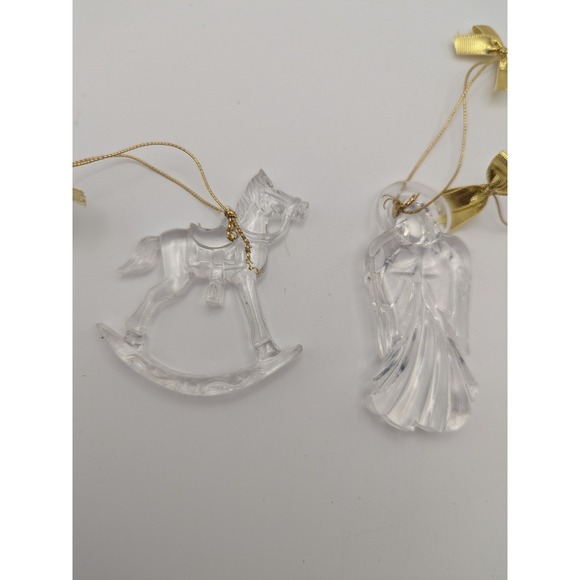 Vtg Set 4 Clear Acrylic Rocking Horse Angel Christmas Ornaments Gold‎ Bows - Picture 5 of 6
